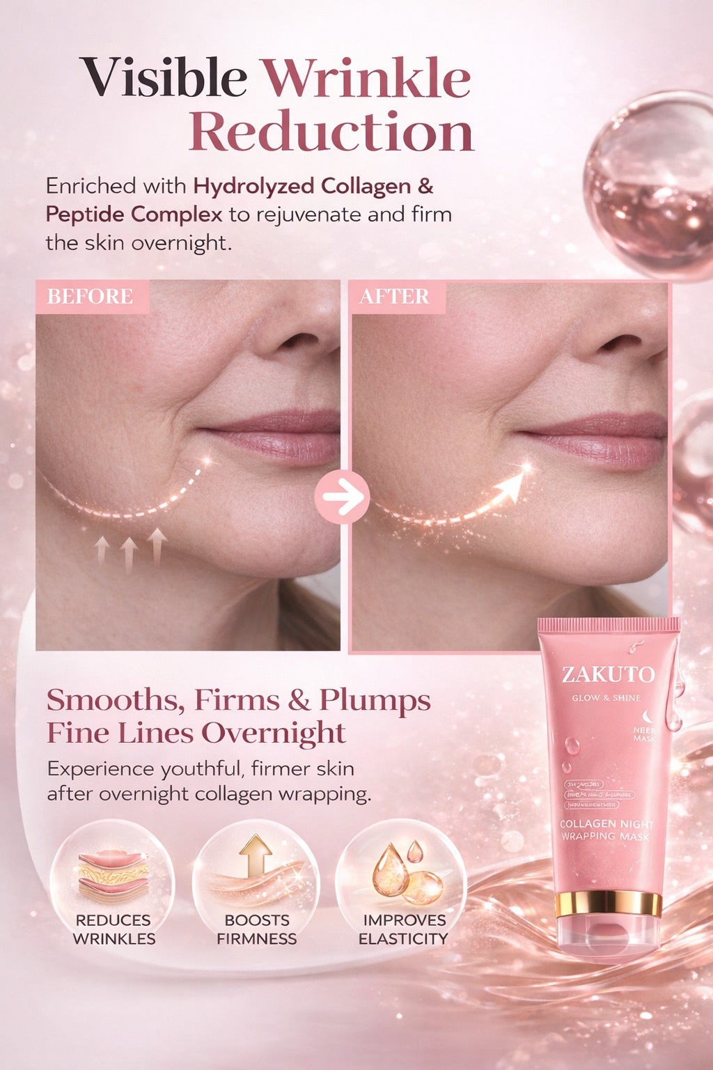 ZAKUTO Korean Collagen Night Wrapping Peel-Off Mask | Overnight Firming, Hydration & Glow | Hydrolyzed Collagen with Brush | 2.5 fl oz Overnights for Glass Skin - ZAKUTO