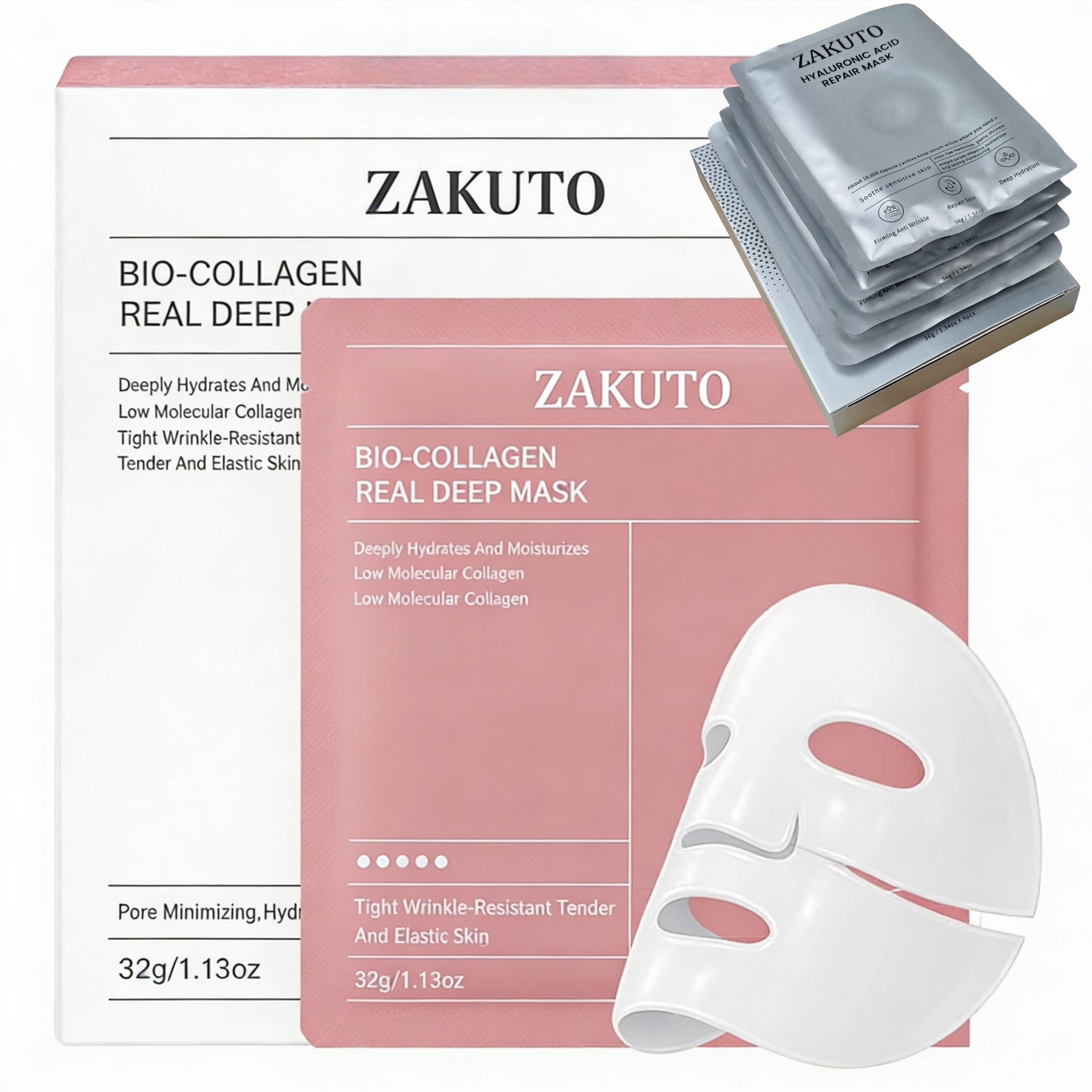 ZAKUTO 8-Mask Glow Ritual Set | 4 Bio-Collagen Deep Repair Masks + 4 Hyaluronic Acid Hydration Masks | Korean Overnight Firming, Repair & Glass Skin Glow | 30-Day K-Beauty Treatment - ZAKUTO