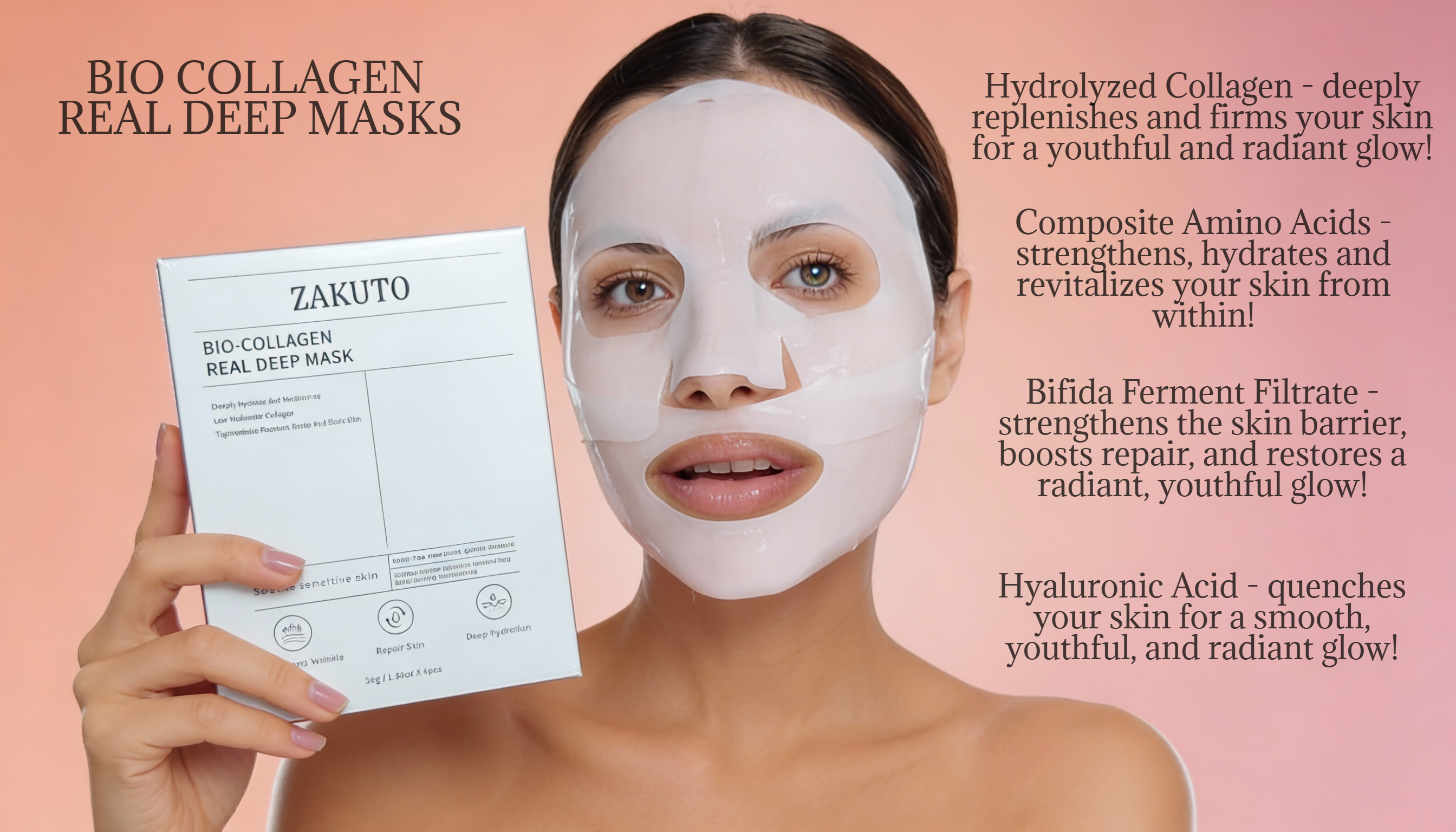 ZAKUTO 8-Mask Glow Ritual Set | 4 Bio-Collagen Deep Repair Masks + 4 Hyaluronic Acid Hydration Masks | Korean Overnight Firming, Repair & Glass Skin Glow | 30-Day K-Beauty Treatment - ZAKUTO