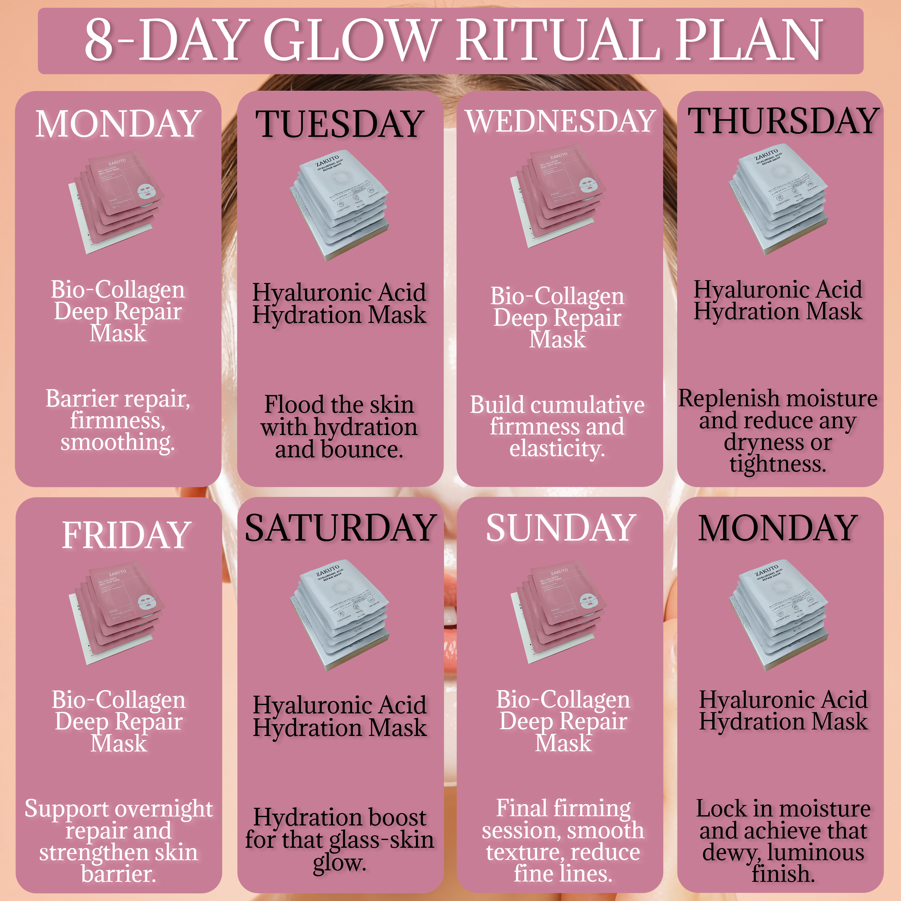 ZAKUTO 8-Mask Glow Ritual Set | 4 Bio-Collagen Deep Repair Masks + 4 Hyaluronic Acid Hydration Masks | Korean Overnight Firming, Repair & Glass Skin Glow | 30-Day K-Beauty Treatment