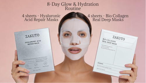 ZAKUTO 8-Mask Glow Ritual Set | 4 Bio-Collagen Deep Repair Masks + 4 Hyaluronic Acid Hydration Masks | Korean Overnight Firming, Repair & Glass Skin Glow | 30-Day K-Beauty Treatment - ZAKUTO